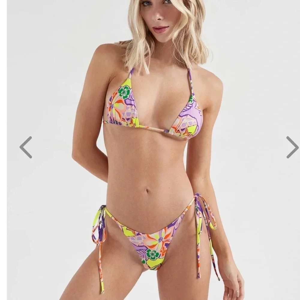 NWT OneOne Swimwear Bikini SET Bellflower Neon Yellow Print Ariel New Cheeky